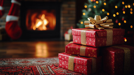 In a warm and inviting living room, red and gold wrapped gifts are stacked near a crackling fireplace. A decorated Christmas tree sparkles in the background under soft lighting.の素材
