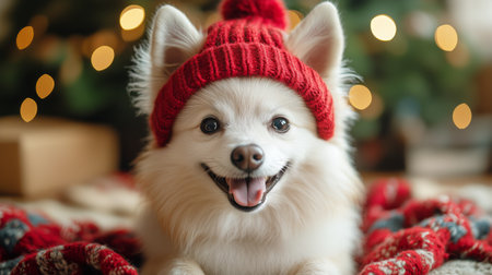 A fluffy white dog is adorned with a cozy red hat and scarf, sitting comfortably amidst festive holiday decorations and warm lights. The atmosphere is joyful and cheerful.の素材