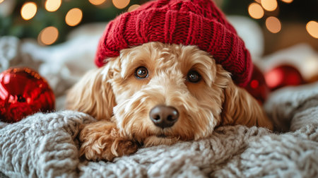 A fluffy dog relaxes on a soft blanket, wearing a bright red hat. Christmas ornaments surround the pup, creating a warm holiday atmosphere during the festive season.の素材