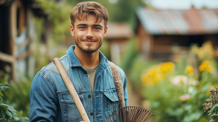A young gardener stands in a vibrant garden filled with flowers, holding a rake. He smiles warmly, surrounded by greenery on a sunny day, enjoying his time outdoors.の素材