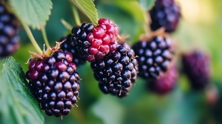 Juicy blackberries rest on a weathered wooden table, complemented by vibrant green leaves, showing their glossy surface and fresh appeal in soft natural light.の素材