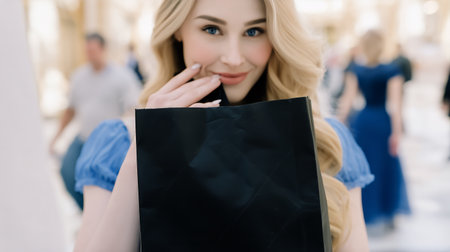 A young woman with long blond hair and a blue outfit stands in a bustling shopping center, holding a black shopping bag while smiling at the camera.の素材
