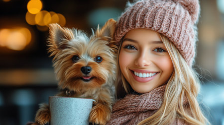 A young woman smiles brightly while holding her small dog close in a warm and inviting cafe filled with soft lighting. They create a heartwarming atmosphere together.の素材