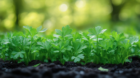Lush parsley plants flourish in a garden, vibrant green leaves catching sunlight. The garden showcases healthy growth typical of spring, inviting culinary exploration.の素材