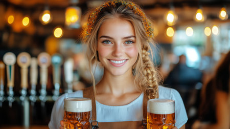 A young woman with wavy hair joyfully holds up two frosty glasses of beer, showing a cheerful atmosphere in a busy bar filled with warm lighting.の素材