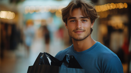 A young man stands confidently inside a bustling shopping mall, holding several shopping bags. He has a friendly expression and is dressed casually as he enjoys the shopping experience.の素材