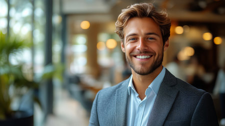 A young man with light brown hair and a short beard smiles confidently while wearing a suit jacket in a contemporary cafe. Bright natural light filters through the windows.の素材