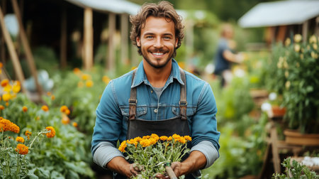 A young gardener stands in a vibrant garden filled with flowers, holding a rake. He smiles warmly, surrounded by greenery on a sunny day, enjoying his time outdoors.の素材