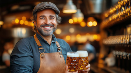 A cheerful bartender holds two glasses of craft beer at a bustling brewpub. The warm ambiance features soft lighting and patrons enjoying their drinks and conversation.の素材