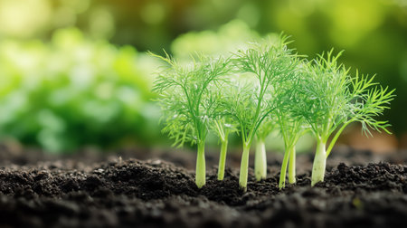 Young dill plants flourish in dark soil, thriving under sunlight in a vibrant garden. Their delicate leaves upward, showing healthy growth in a nurturing environment.の素材