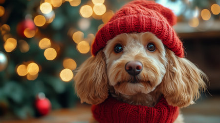 A fluffy dog wearing a cozy red hat and sweater sits proudly in front of a colorful Christmas tree adorned with lights and ornaments, creating a festive atmosphere.の素材