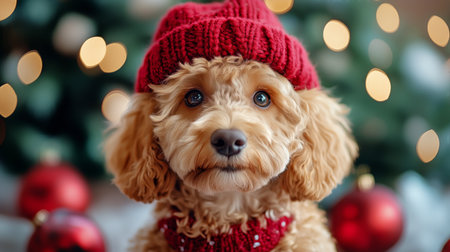 A fluffy dog wearing a cozy red hat and sweater sits proudly in front of a colorful Christmas tree adorned with lights and ornaments, creating a festive atmosphere.の素材
