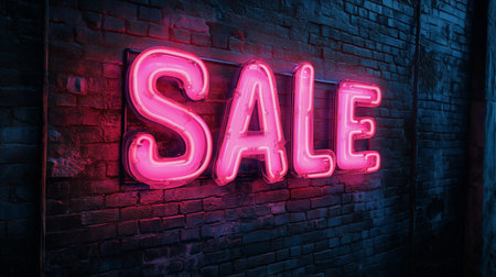 A vibrant pink neon sale sign illuminates a dark urban alley, creating a striking contrast against the textured brick wall. The glowing letters attract attention at night.の素材