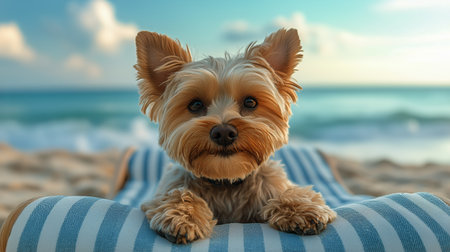 A Yorkshire terrier enjoys a sunny afternoon on a beach chair near the water. The dog appears content, with a beautiful landscape and soft waves in the background.の素材