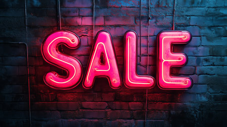 A large neon sale sign glows vibrantly against a dark brick wall, attracting attention in an urban area during nighttime.の素材