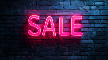 A large neon sale sign glows vibrantly against a dark brick wall, attracting attention in an urban area during nighttime.の素材