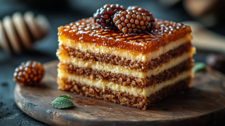 Delicious layered dessert presented on a wooden board showing rich textures and flavors, topped with natural honey and berries, perfect for a sweet treat.の素材