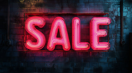 A vibrant neon sale sign glows in pink against the backdrop of a rain-soaked street. The urban features environment cobblestone paving and dimly lit storefronts in the evening.の素材