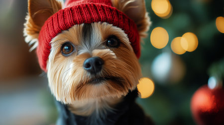 A small dog with fluffy fur and expressive eyes is nestled in a cozy blanket. It wears a bright red knit hat, surrounded by warm holiday lights, creating a cheerful atmosphere.の素材