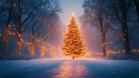 A beautifully decorated Christmas tree stands illuminated with colorful lights in a snowy forest. Soft snowflakes fall gently, creating a peaceful winter atmosphere at dusk.の素材