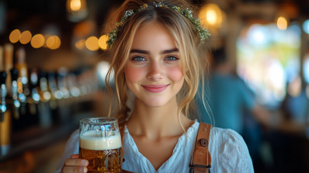 A young woman smiles while holding a frosty beer in a rustic bar filled with warm lighting and a cheerful atmosphere. The venue is bustling with joyful patrons.の素材