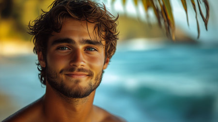 A young man stands near a beach, smiling with a backdrop of gentle waves and palm trees. The warm tones of the sunset create a lively atmosphere.の素材