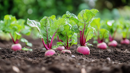 Rows of vibrant radish plants showcase their leafy greens and colorful roots, flourishing in fertile soil under warm sunlight during the summer months.の素材