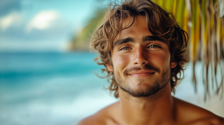 A young man stands near a beach, smiling with a backdrop of gentle waves and palm trees. The warm tones of the sunset create a lively atmosphere.の素材