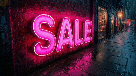 A vibrant neon sale sign glows against a brick wall, reflecting on a rain-soaked street filled with shops, capturing the lively atmosphere of evening shopping.の素材