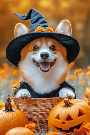 A happy corgi wearing a witch hat sits in a basket, surrounded by vibrant orange pumpkins and marigold flowers on a sunny autumn day.の素材