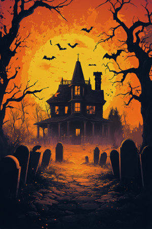 An eerie old house stands silhouetted against a bright orange sunset. Bats soar in the sky as gravestones line a winding path, creating a spooky atmosphere.の素材