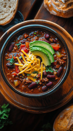 A warm bowl of chili brimming with red beans, corn, and ground meat, topped with shredded cheese and fresh avocado slices, placed on a wooden surface.の素材