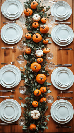 A beautifully arranged table features white plates and an assortment of pumpkins on a wooden surface, set for a cozy autumn meal with greenery accents.の素材