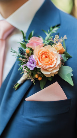 A well-dressed individual showcases a vibrant floral boutonniere on their suit jacket, featuring peach roses and greenery, perfect for a wedding or formal event in a picturesque setting.の素材