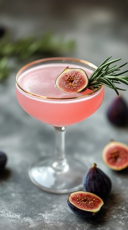 A vibrant cocktail in a sleek glass features a fig slice and rosemary sprig as garnishes. The marble surface and fresh figs add sophistication to the presentation.の素材