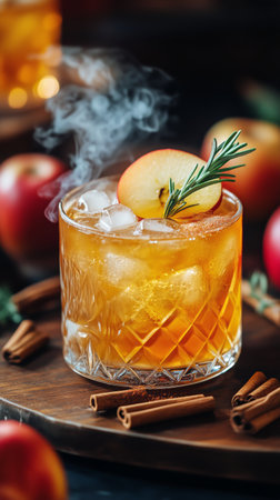 A refreshing cocktail featuring ice cubes, apple slices, and rosemary in a crystal glass sits on a wooden board surrounded by red apples and cinnamon sticks, adding an autumn vibe.の素材
