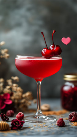 A vibrant pink cocktail sits in a glass, decorated with a cherry and flower. Surrounding the drink are honey, raspberries, and heart-shaped decorations, creating a festive atmosphere.の素材