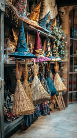 A collection of vibrant witch hats hangs alongside traditional brooms in a charming shop, evoking a festive autumn atmosphere. The decor features rich colors and seasonal motifs.の素材