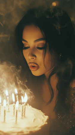 A woman gazes intently at her birthday cake surrounded by lit candles. The warm glow of the flames creates a cozy atmosphere, highlighting her thoughtful expression on this special night.の素材
