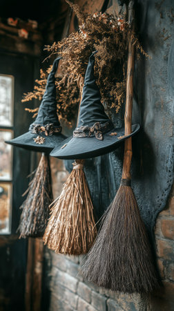 A collection of vibrant witch hats hangs alongside traditional brooms in a charming shop, evoking a festive autumn atmosphere. The decor features rich colors and seasonal motifs.の素材