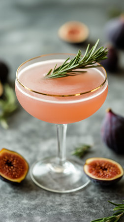 A delicate cocktail with a pink hue garnished with rosemary sits elegantly on a marble surface surrounded by fresh figs, creating a sophisticated and inviting atmosphere.の素材