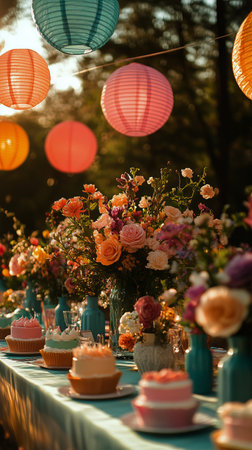 A beautiful outdoor gathering showcases a long table adorned with an array of colorful flowers, desserts, and lanterns glowing in the evening light, creating a festive atmosphere.の素材