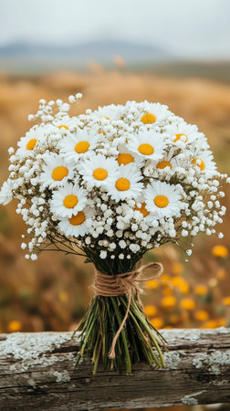 A bouquet of daisies and gypsy flowers rests on a wooden fence in a sprawling field.の素材