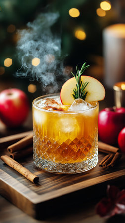 A refreshing cocktail featuring ice cubes, apple slices, and rosemary in a crystal glass sits on a wooden board surrounded by red apples and cinnamon sticks, adding an autumn vibe.の素材