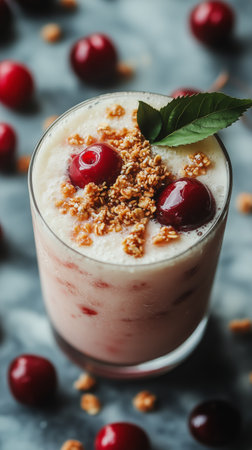 A refreshing cherry smoothie topped with crunchy granola and cherries rests in a glass on a marble surface, surrounded by scattered cherries. Perfect for a warm day.の素材