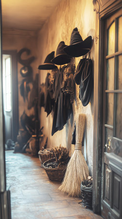 Old hats and brooms hang on the wall in a narrow hallway filled with rustic decor. The warm light creates a cozy atmosphere in this vintage setting.の素材