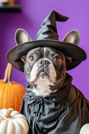 A black and white dog wears a witch hat and cloak, sitting among pumpkins in a festive Halloween setting. The purple background adds to the cheerful atmosphere of the celebration.の素材