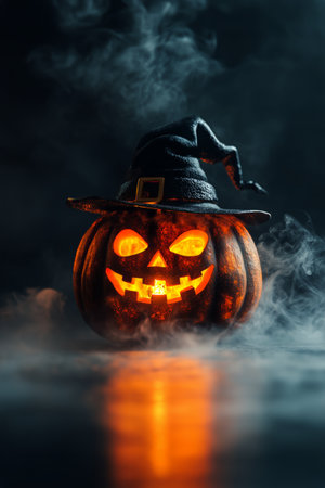A carved pumpkin wearing a witch hat emanates a warm glow, surrounded by swirling mist. This striking Halloween decoration captures the essence of autumn festivities.の素材