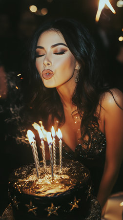 A woman blows out the candles on a decorated birthday cake at a lively celebration. The atmosphere is festive with sparkling lights enhancing the joyful moment.の素材
