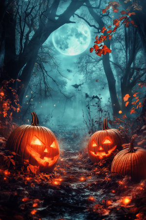 Three carved pumpkins with glowing faces sit amidst fallen leaves in a dark forest, illuminated by the light of a full moon and surrounded by soft glowing orbs.の素材